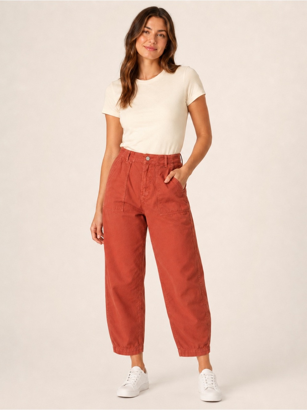 SUNDRY Brick Red Cotton Herringbone Pleated Utility Barrel Pants Button Fly 30